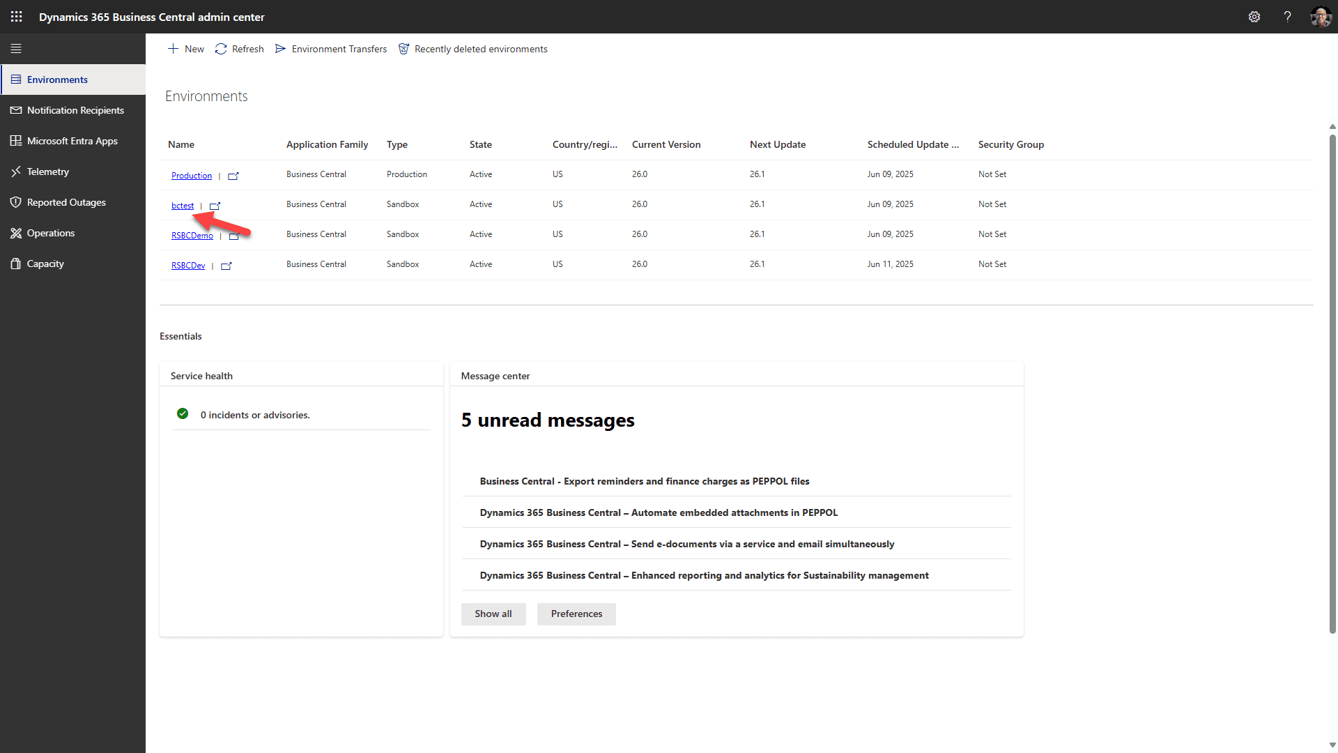 Select target environment link