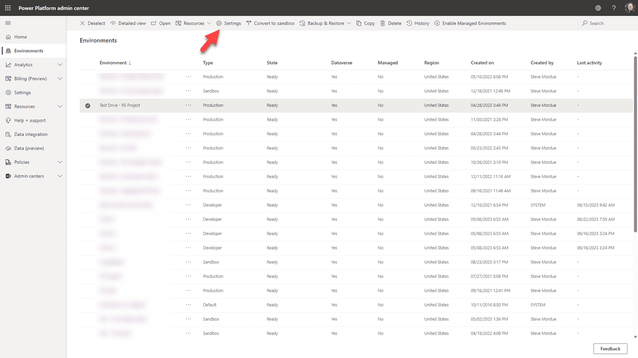 Power Platform Admin Center — vælg miljø