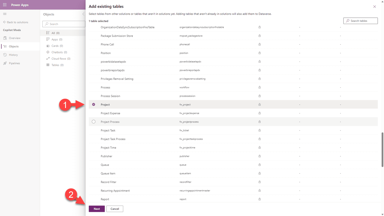 Add existing Tables