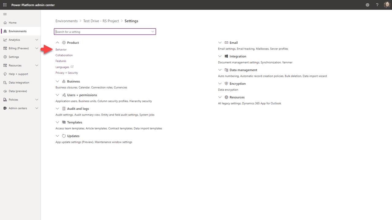 Environment settings — click Settings