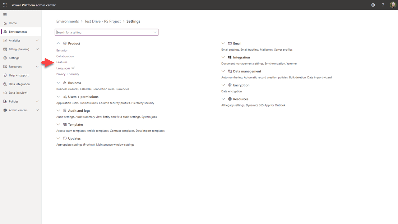 Settings — select Features