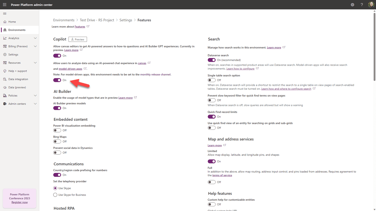 Features — turn on Copilot switch