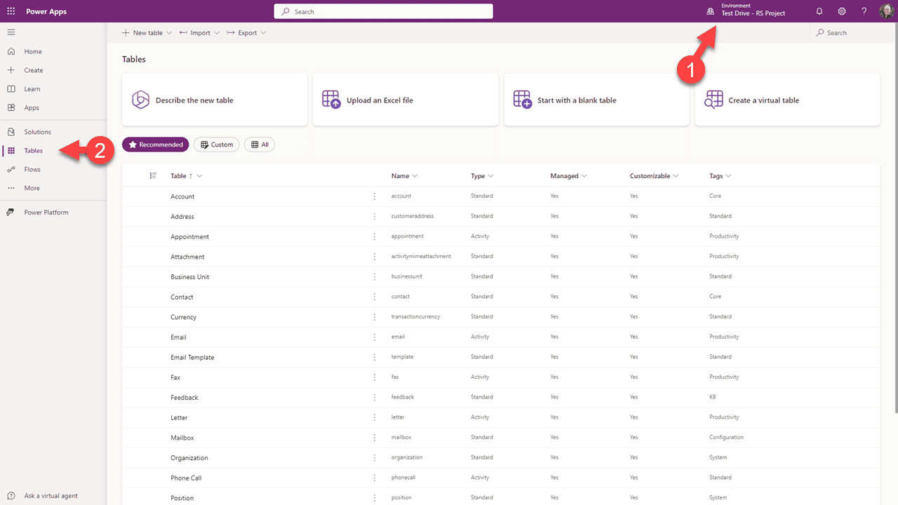 Maker Portal — select environment and Tables