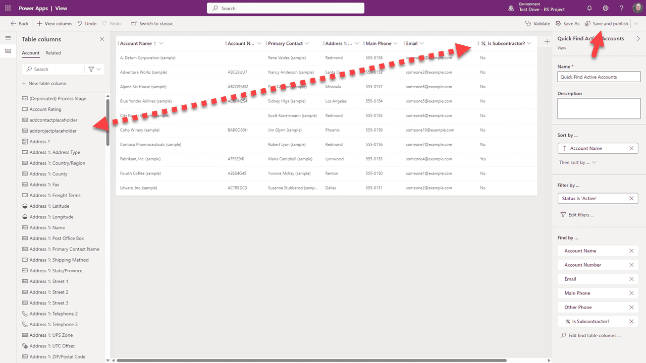 Drag columns to view, Save and publish