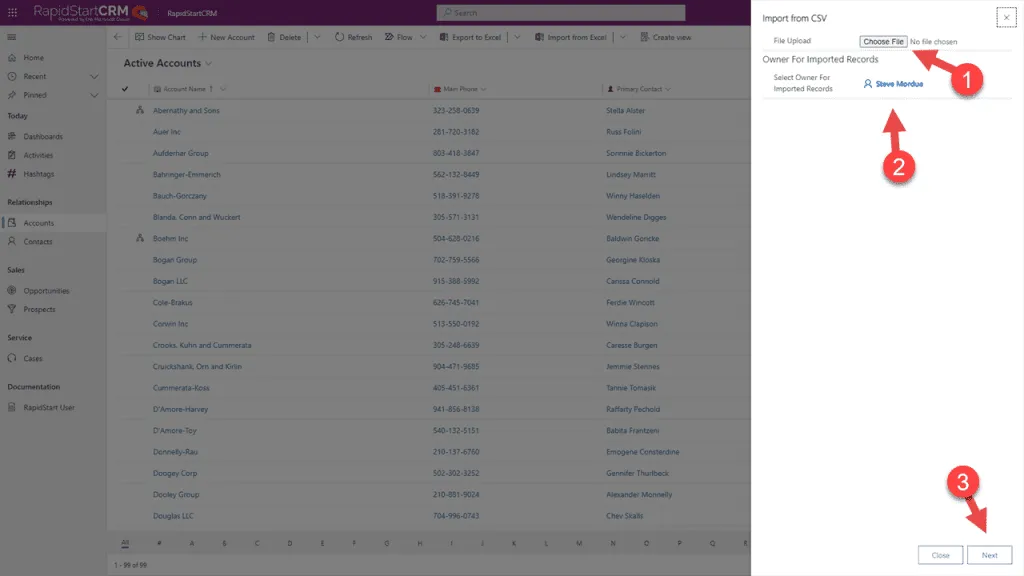 Navigera till Importera data i RapidStart CRM