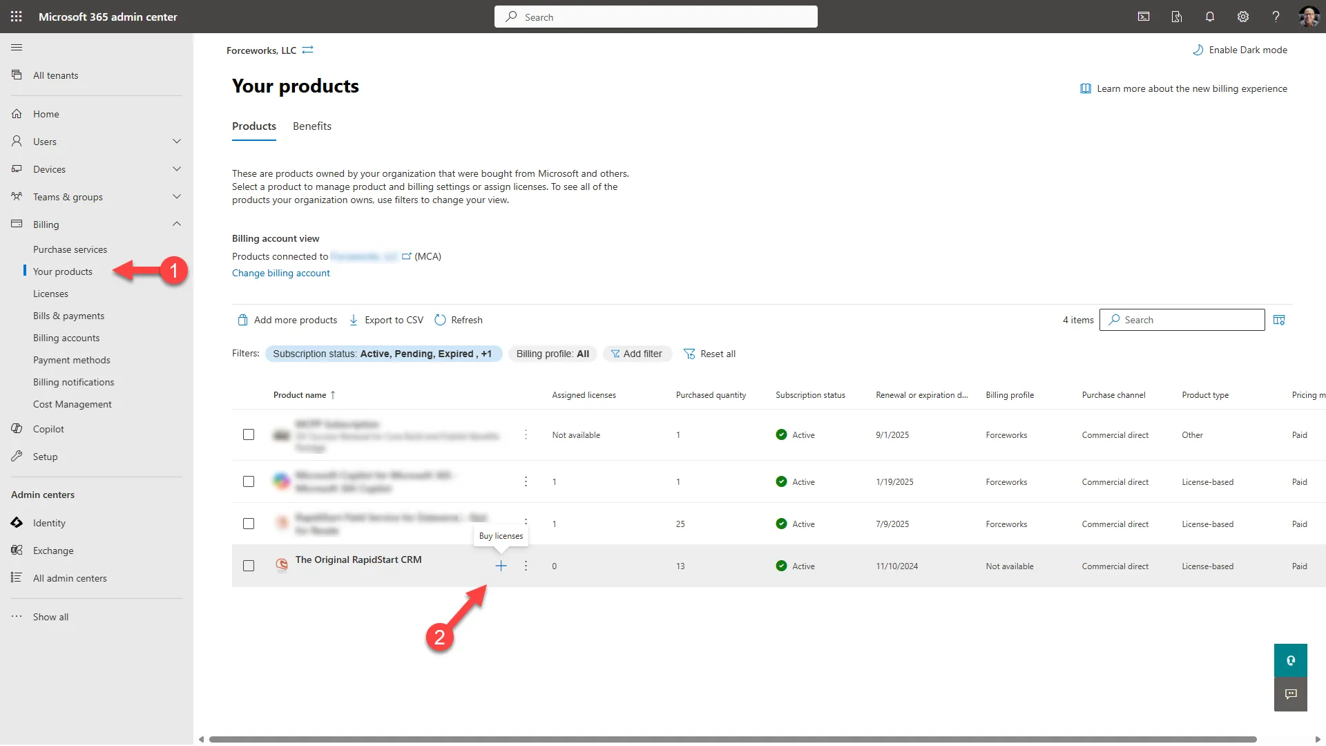 Microsoft 365 Admin Center — Your products