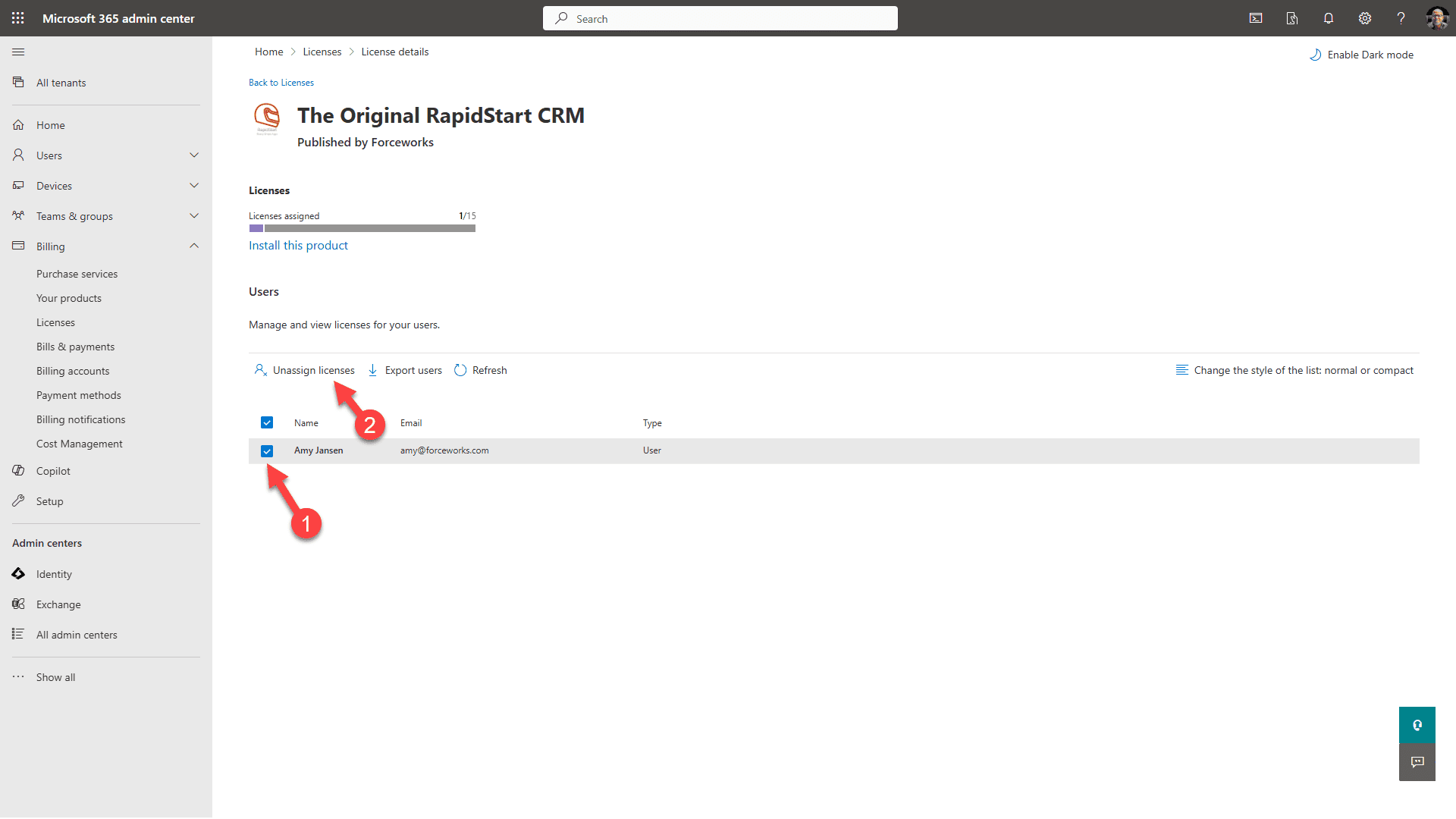 Unassign license from user
