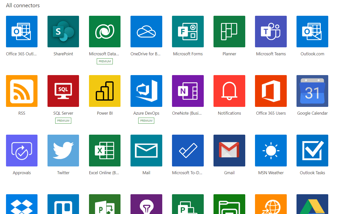Power Automate connectors — a sample of available connectors