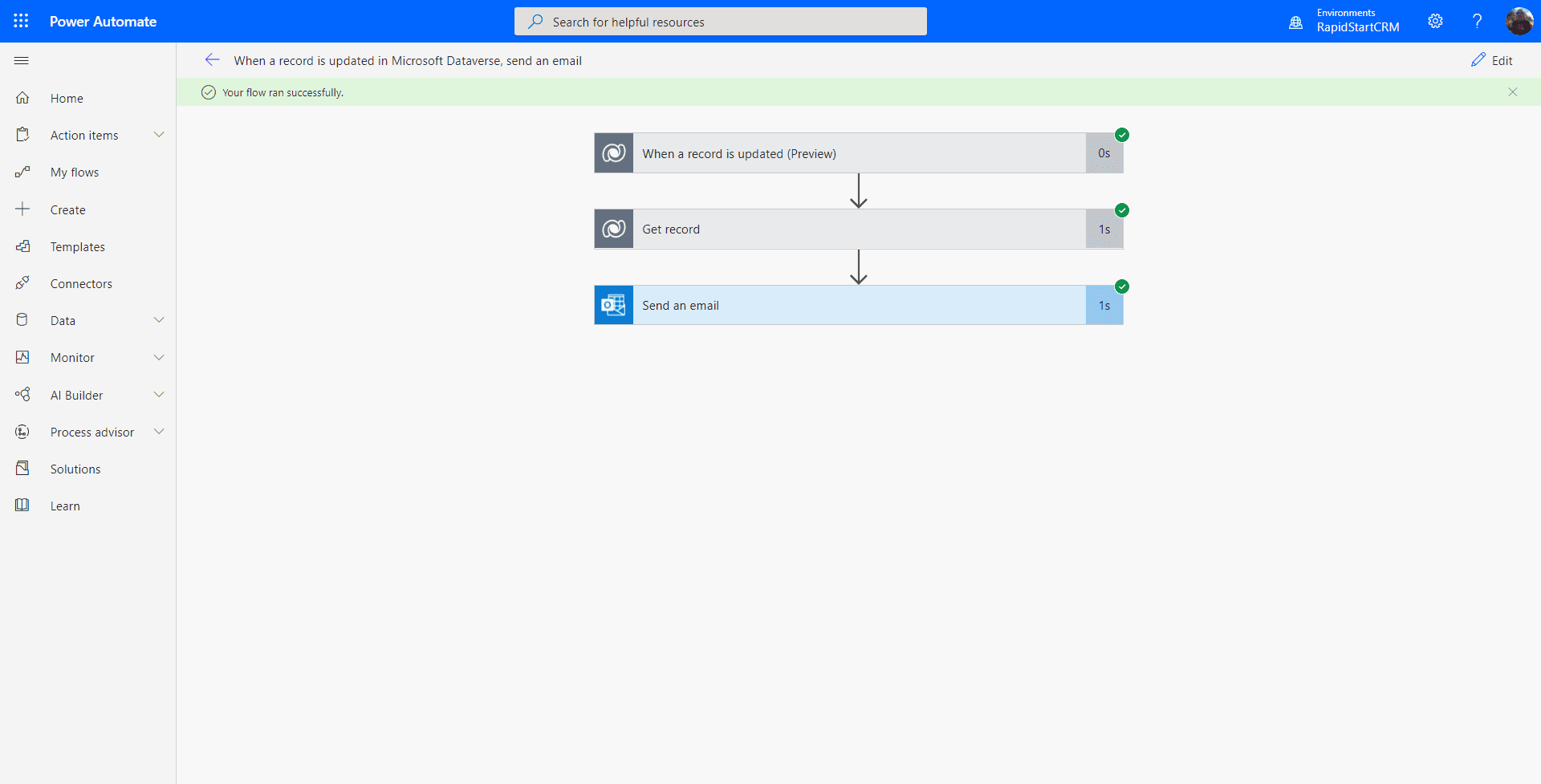 Power Automate flow — successful test results