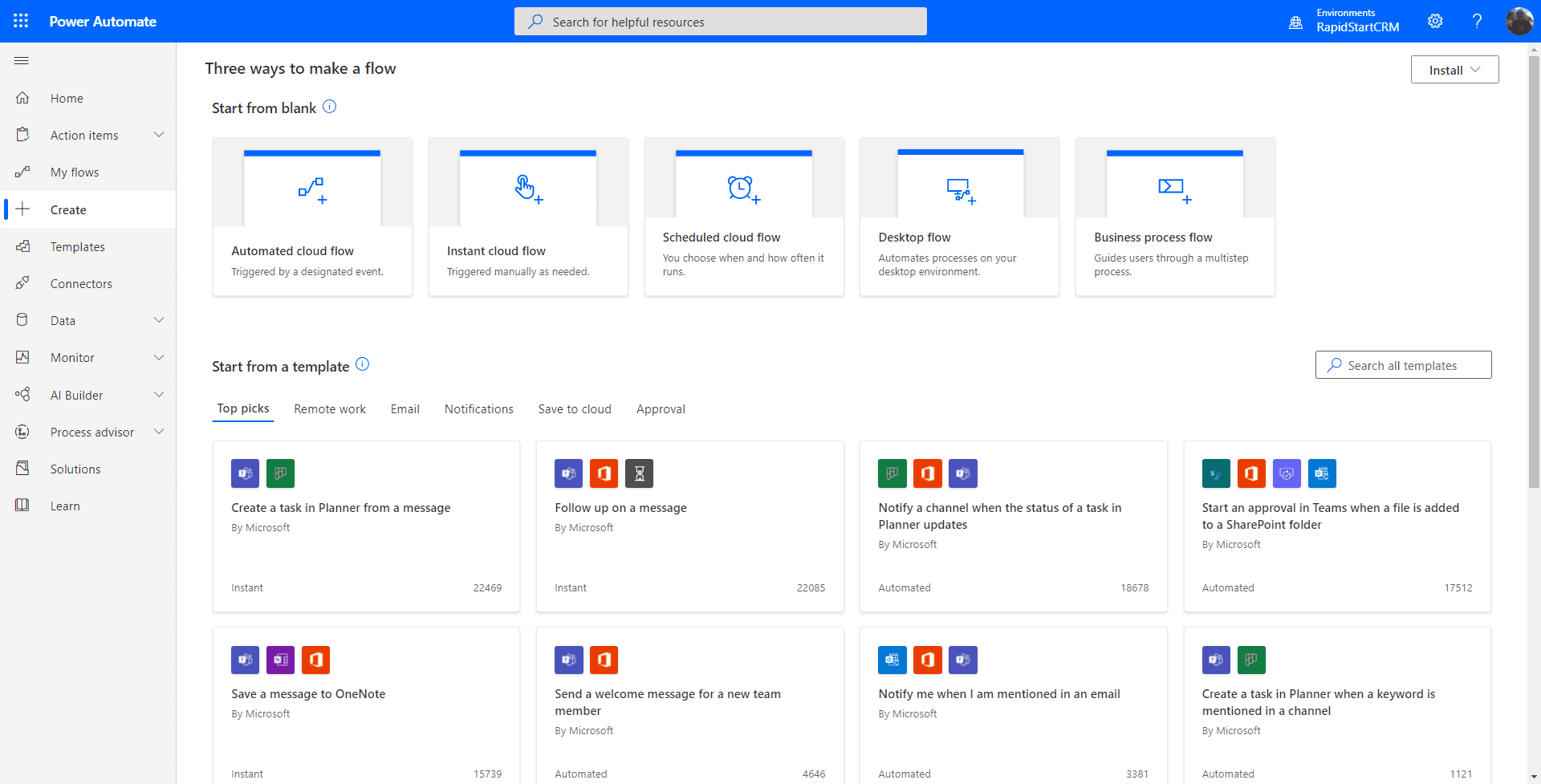 Power Automate Create — choose flow type
