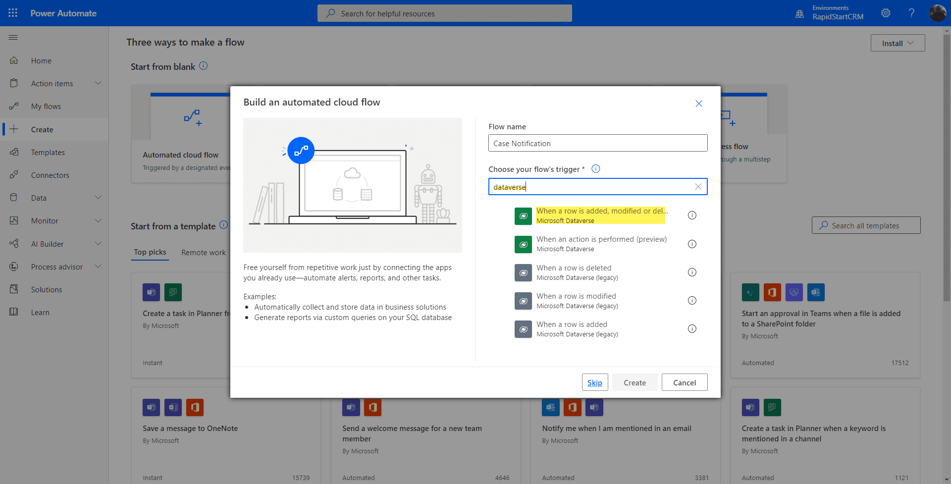Power Automate — name flow and select Dataverse trigger