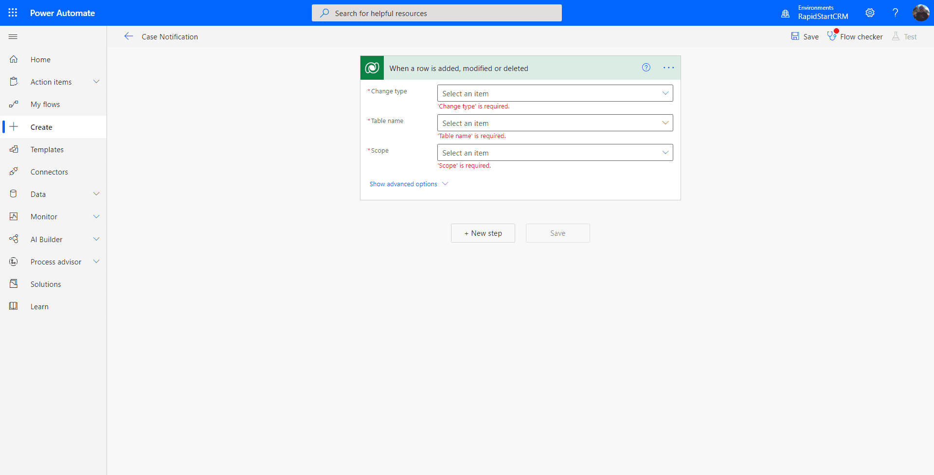 Power Automate — configure Dataverse trigger with advanced options