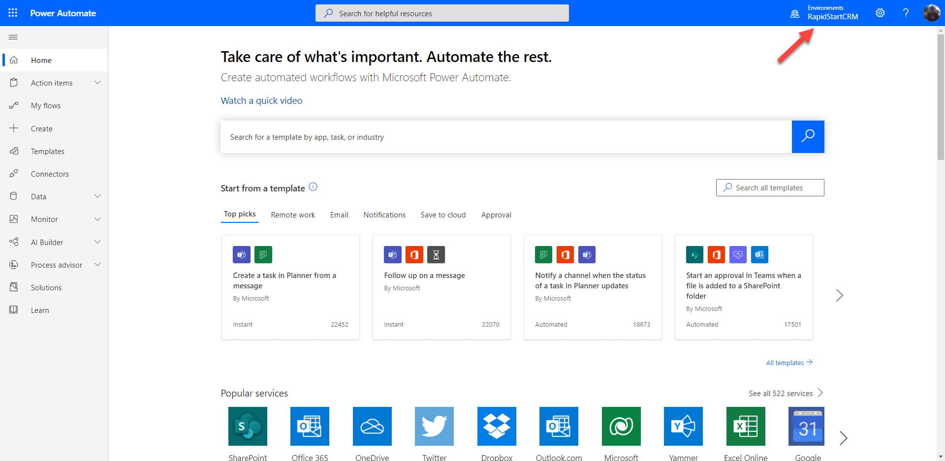 Power Automate landing page interface