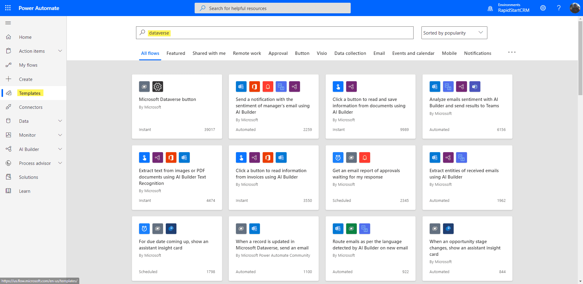 Power Automate templates for RapidStart CRM