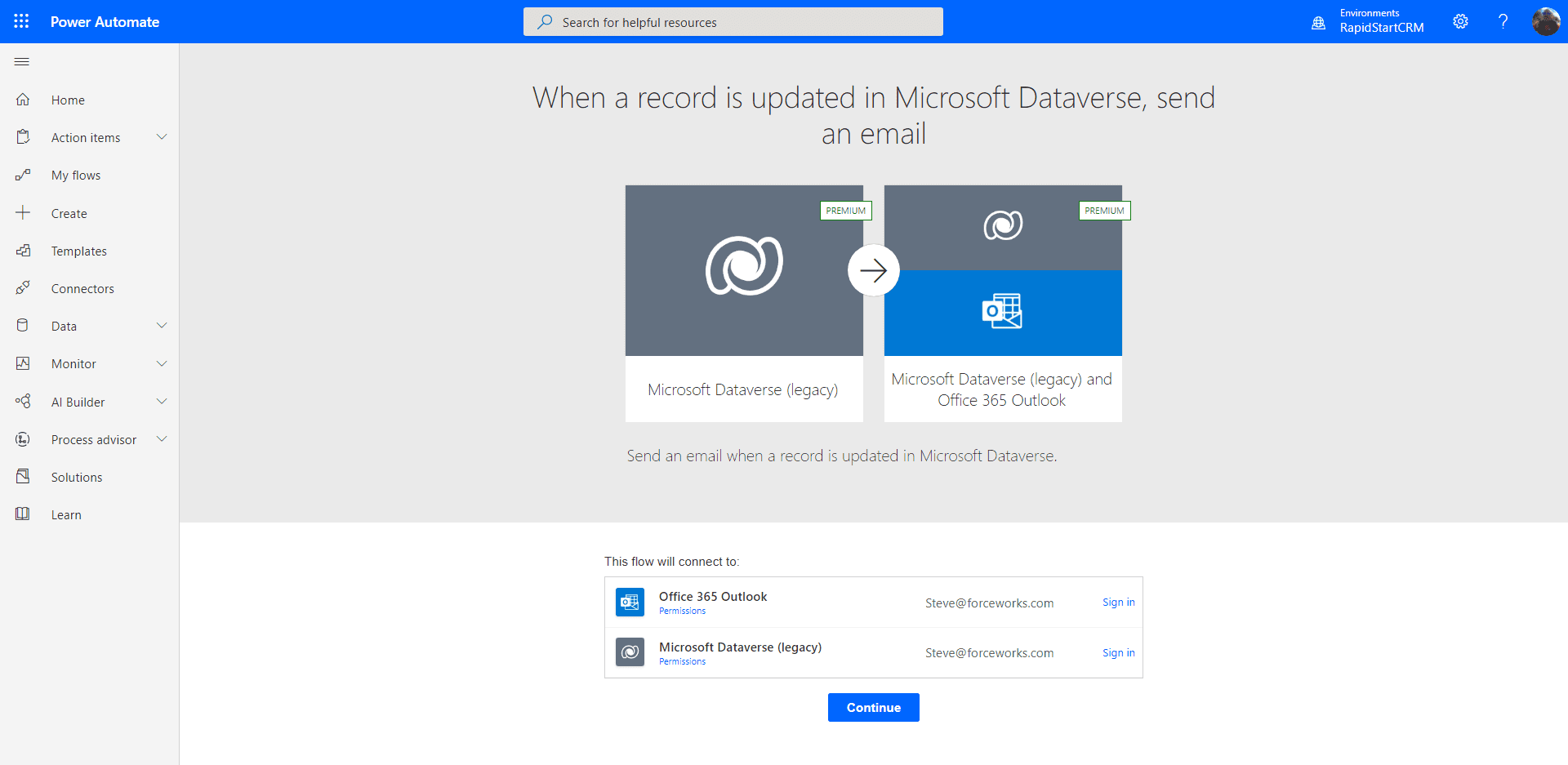 Selecting the 'When a record is updated, send an email' template