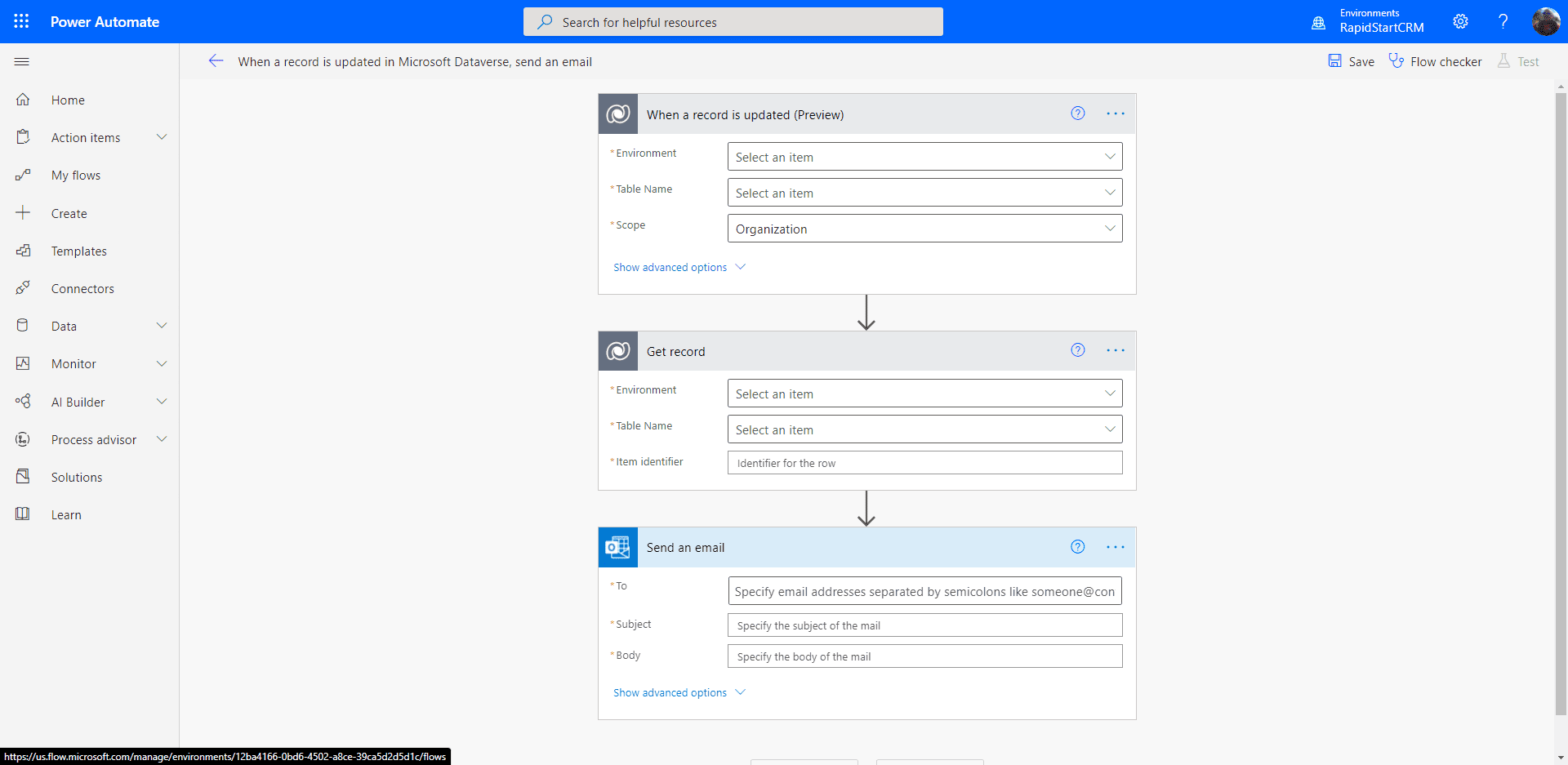 Power Automate flow editor — configure trigger