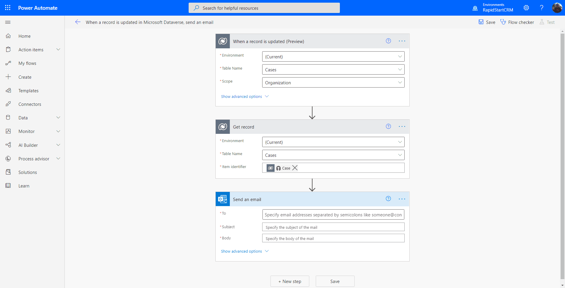 Power Automate flow — configure email action