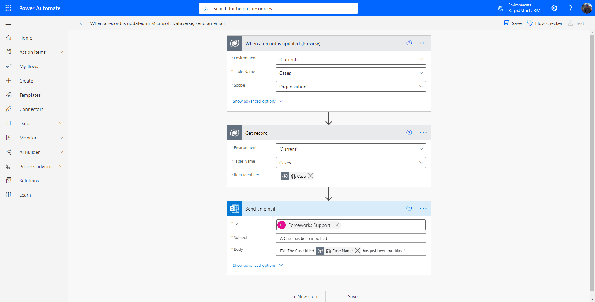 Power Automate flow — save and test