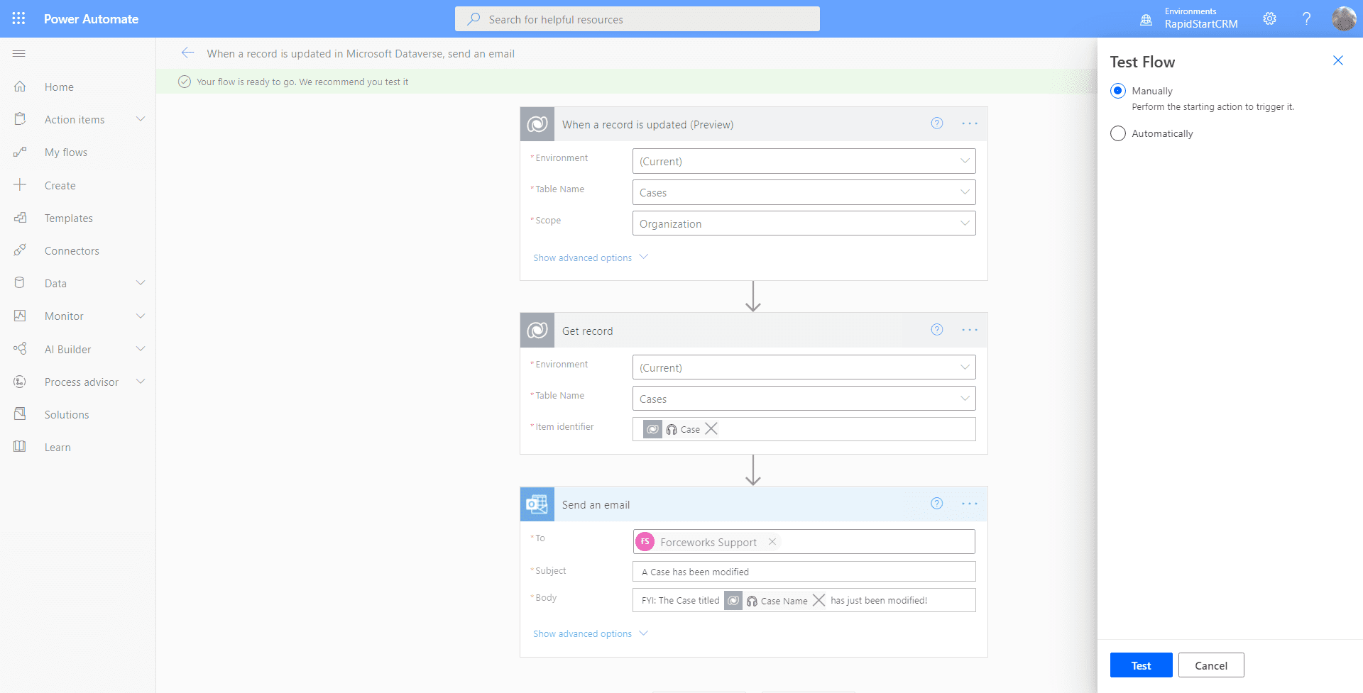 Power Automate flow — manual test