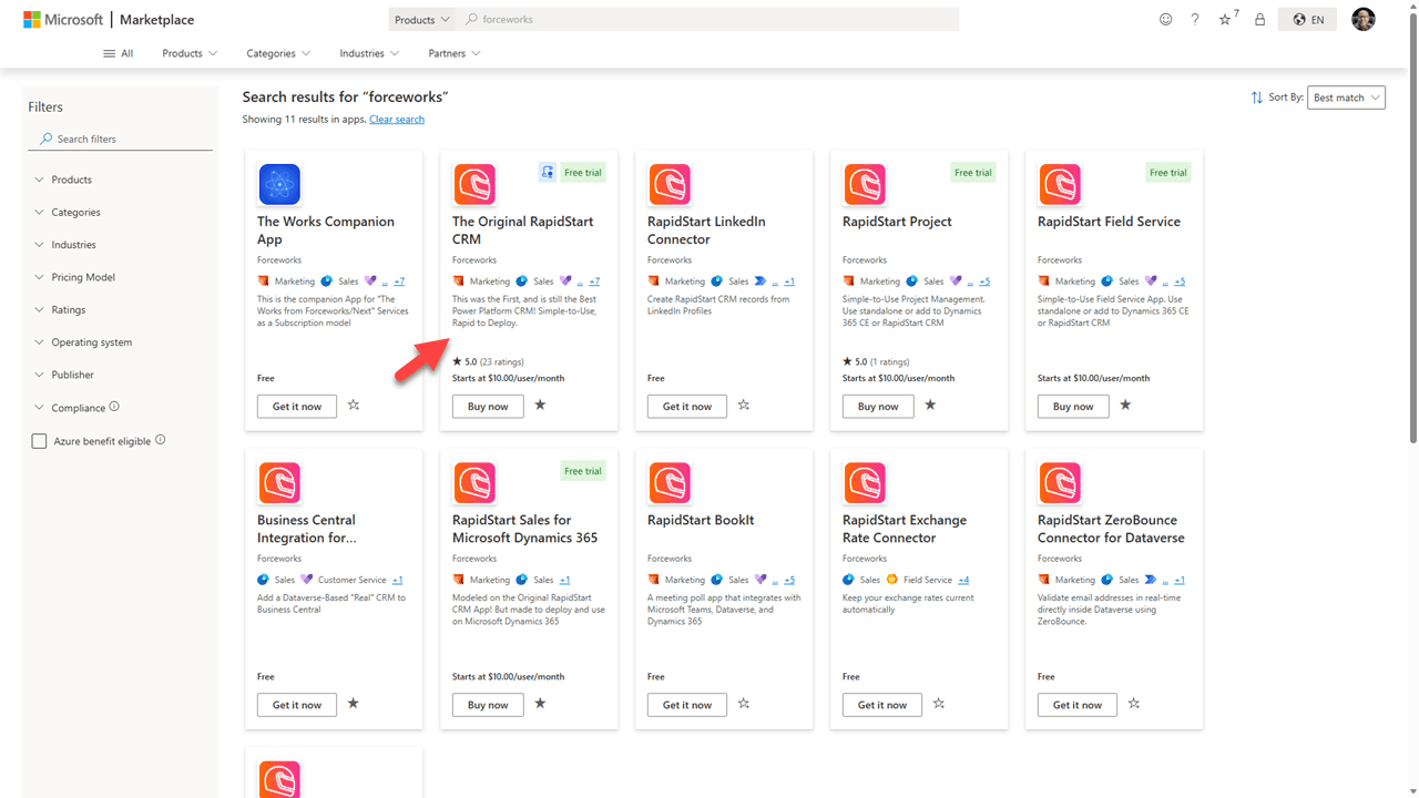 Listado de AppSource para RapidStart CRM