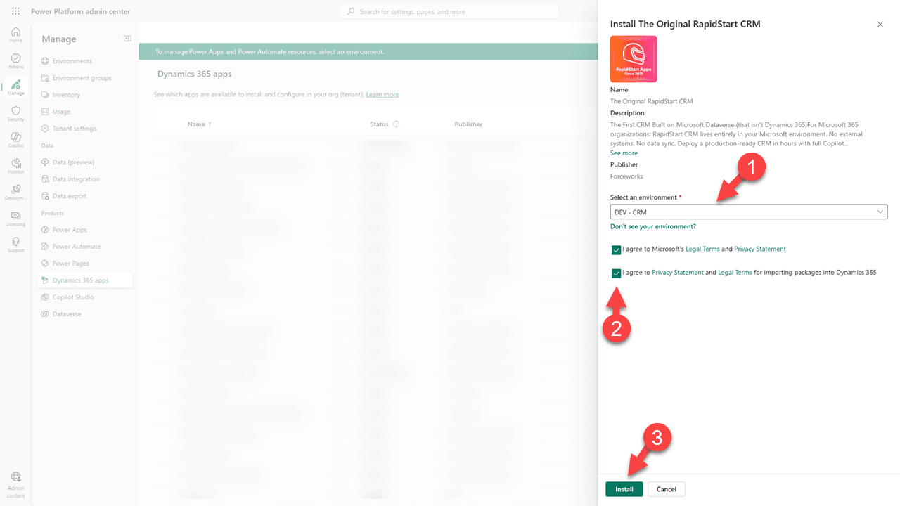 Select environment for installation
