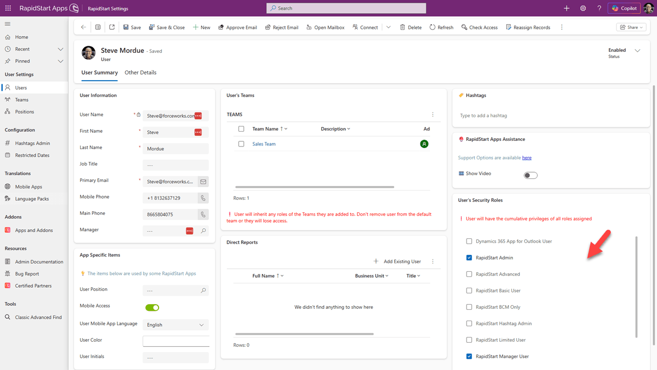 Security roles assigned