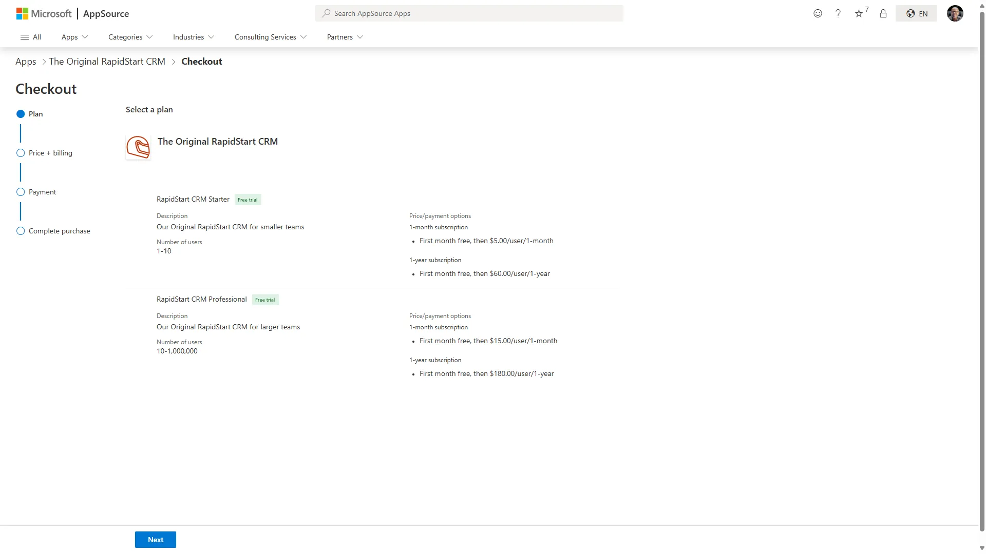 AppSource listing for RapidStart CRM