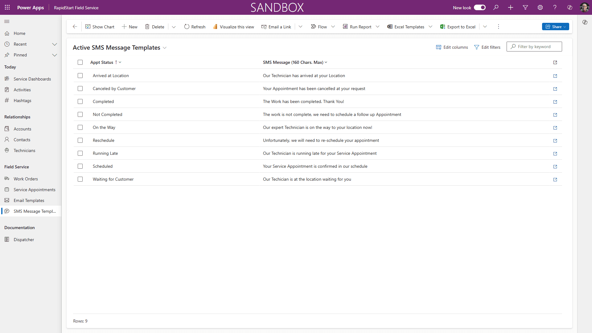 SMS Message Templates list — completed