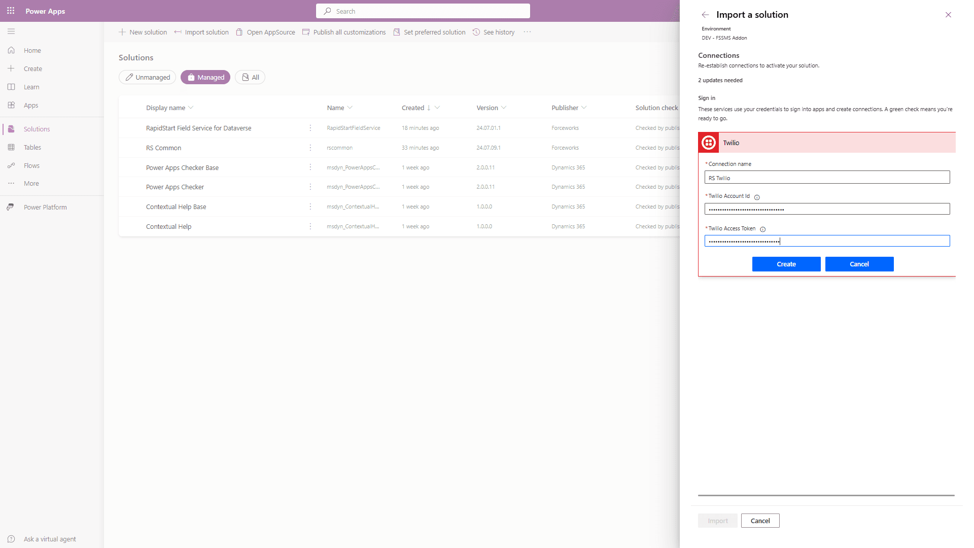 Create Twilio connection — enter Account ID and Access Token