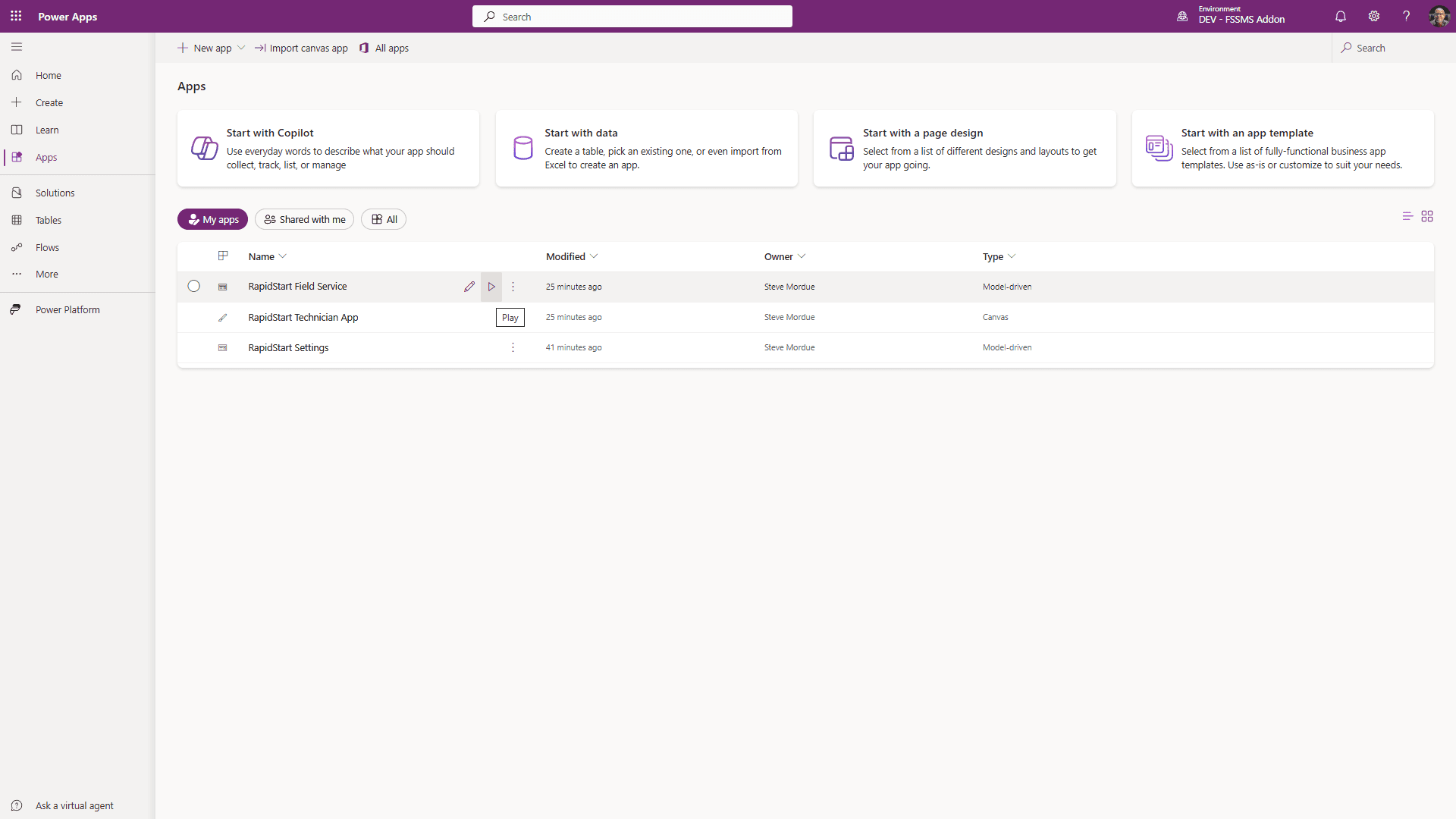 فتح تطبيق RapidStart Field Service