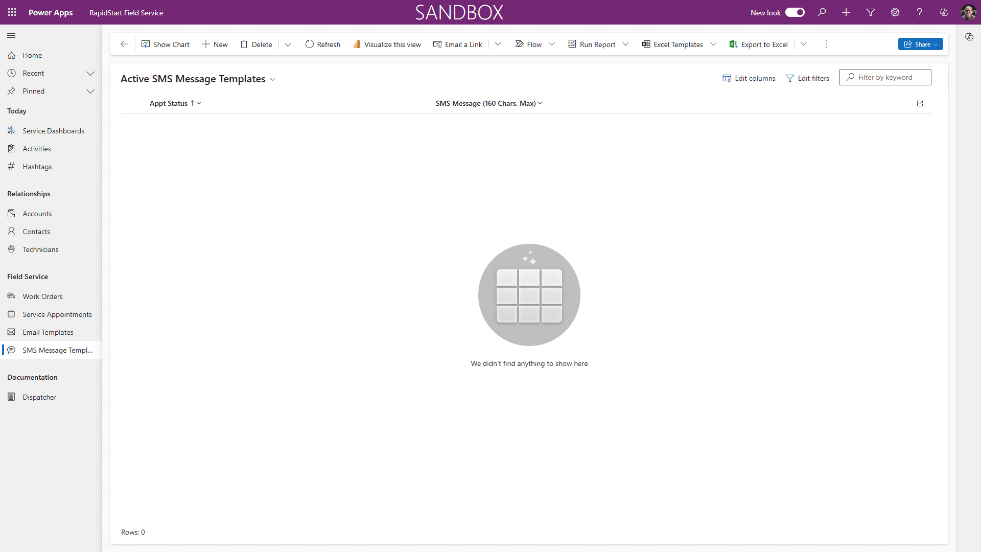 SMS Message Templates screen