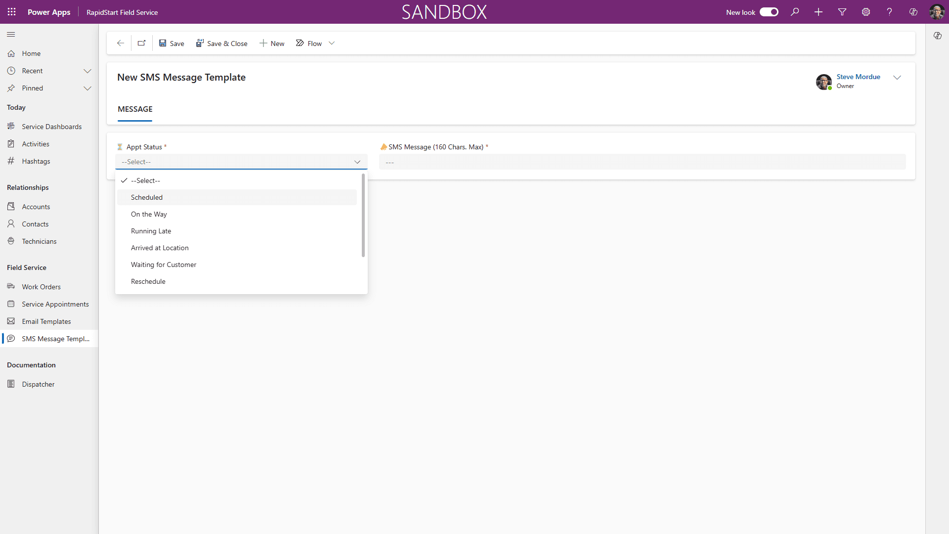 New SMS Message Template form