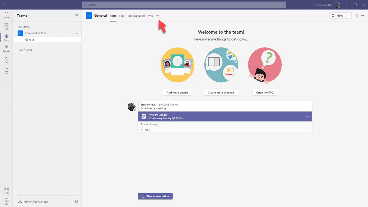 Microsoft Teams — タブを追加するために+アイコンをクリック