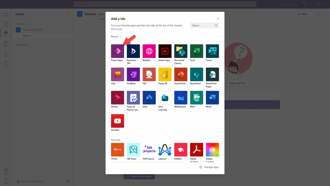 Search for Power Apps in the tab dialog