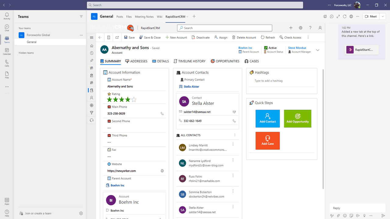 RapidStart CRM running as a tab in Microsoft Teams